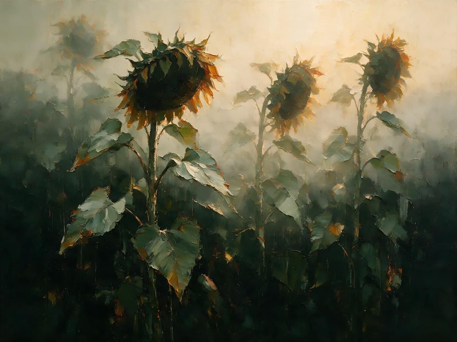 Zonnebloemen in ochtendmist