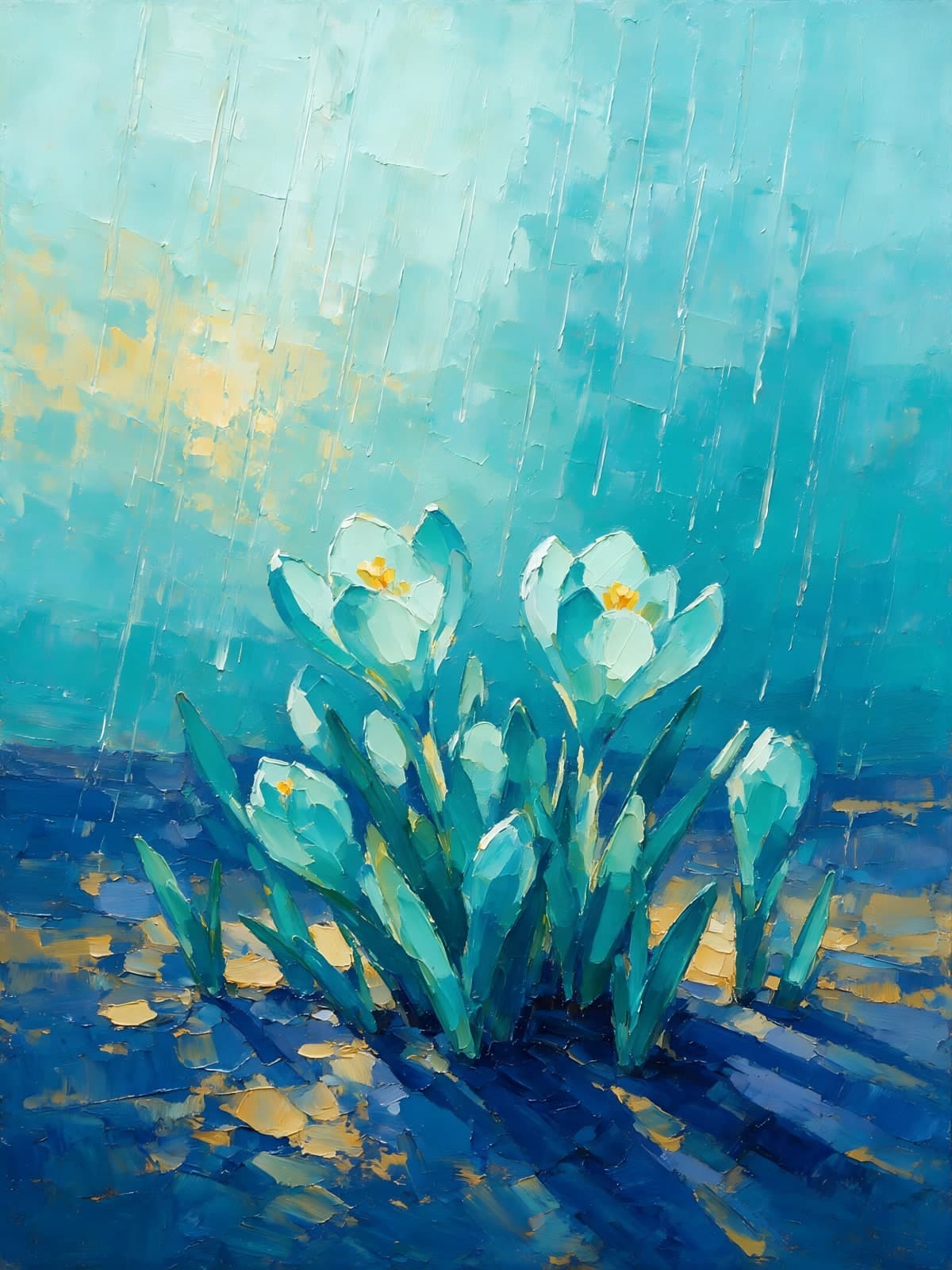 Turquoise krokussen op blauwe grond
