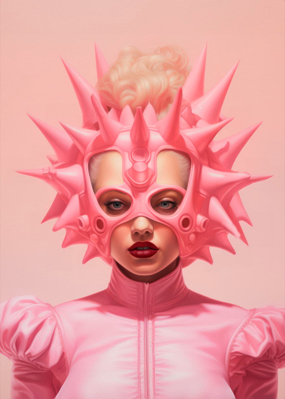Roze masker met stekels voor roze muur