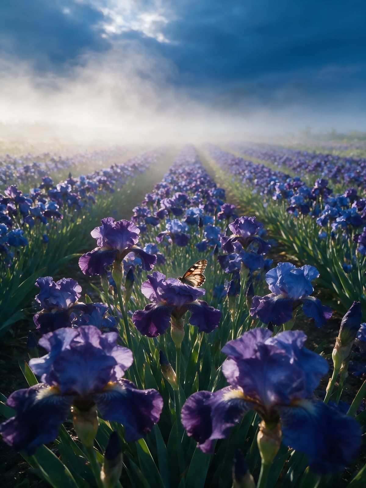 Blauwe irissen in rijen onder mist