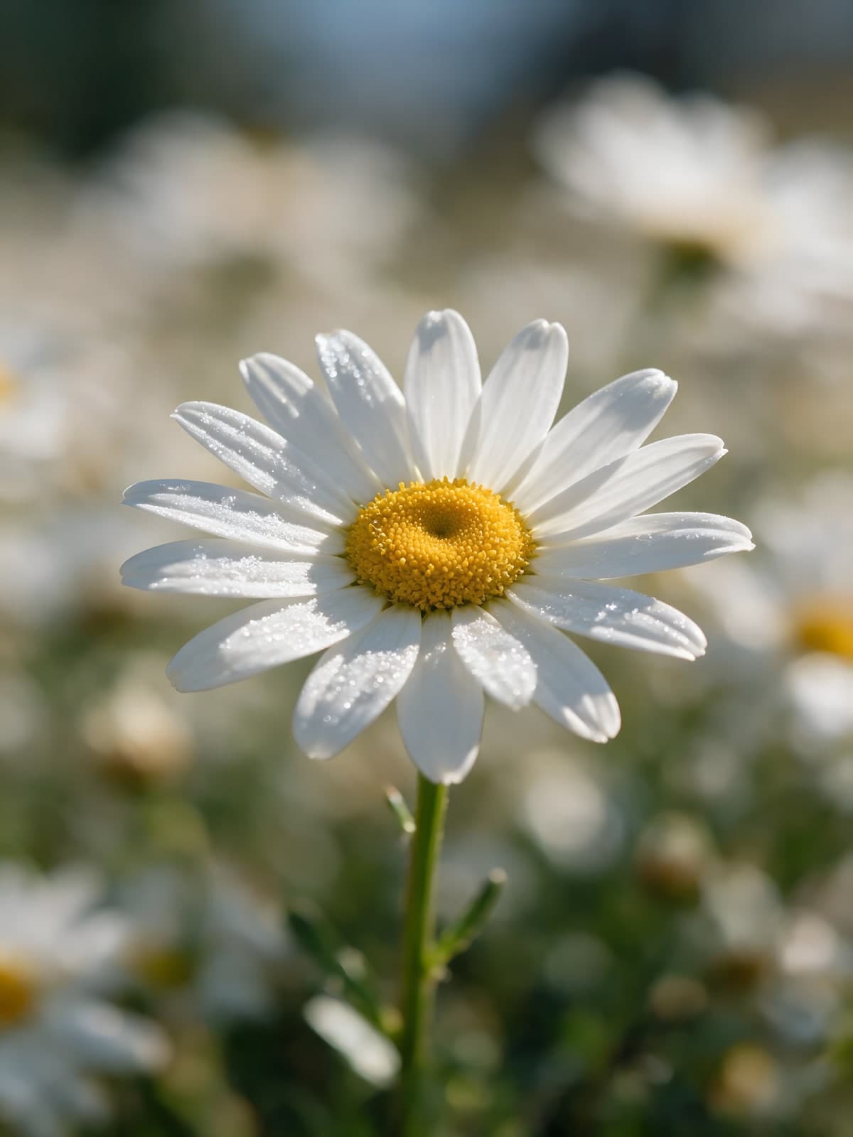Madeliefje op groene stengel tussen witte bloemen
