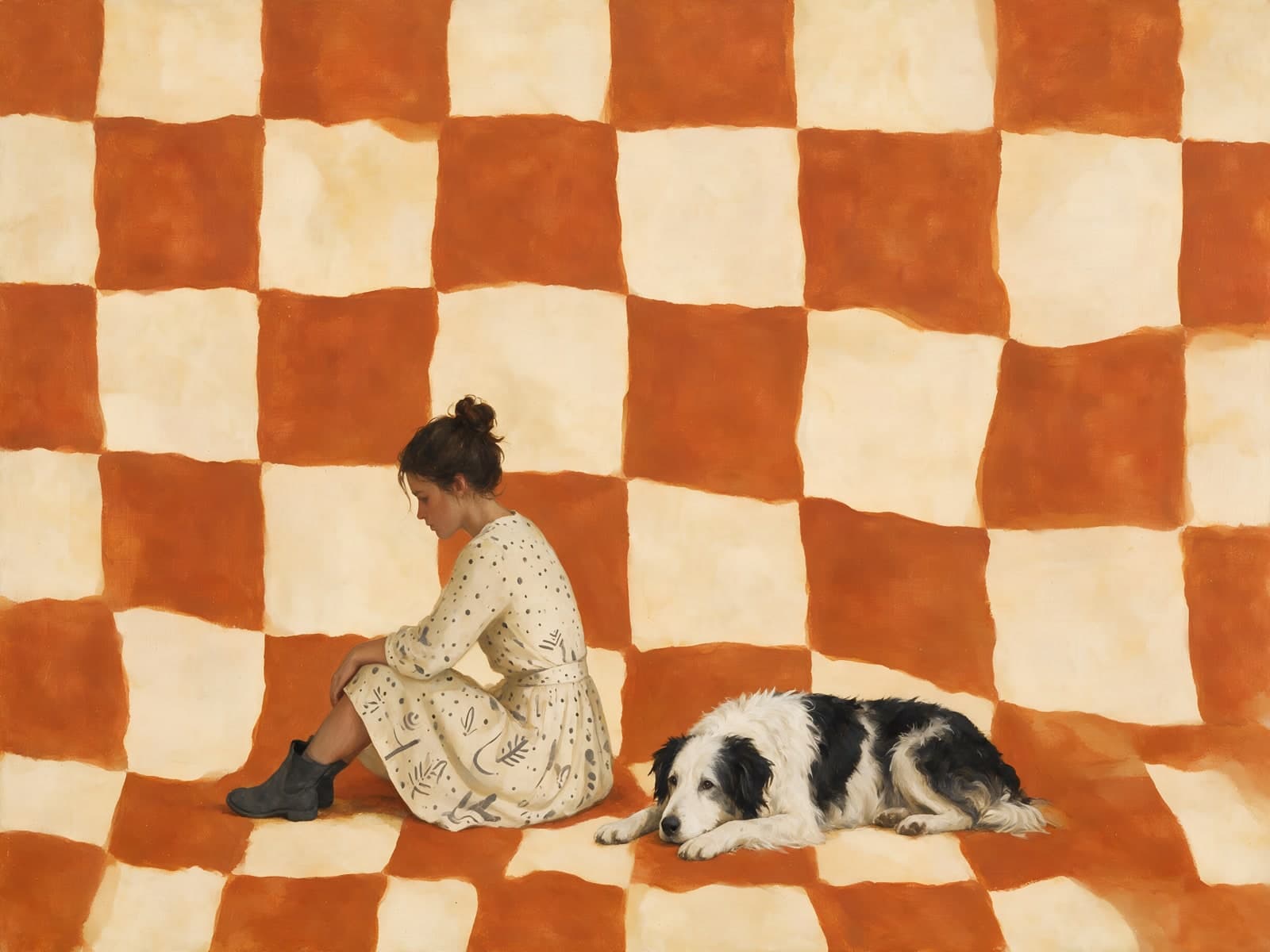 Vrouw en hond op oranje geruite vloer