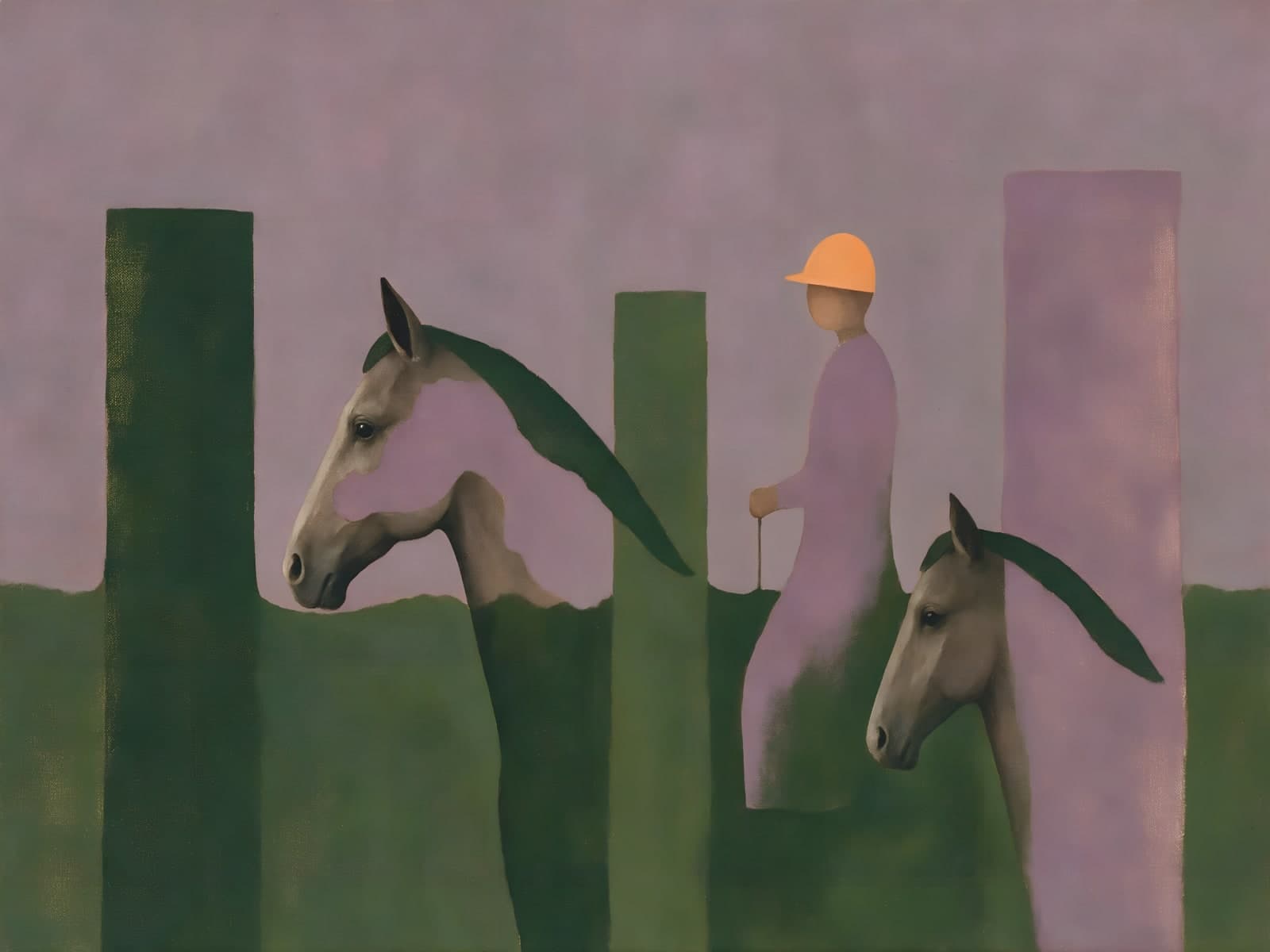 Ruiter met oranje helm tussen twee paarden