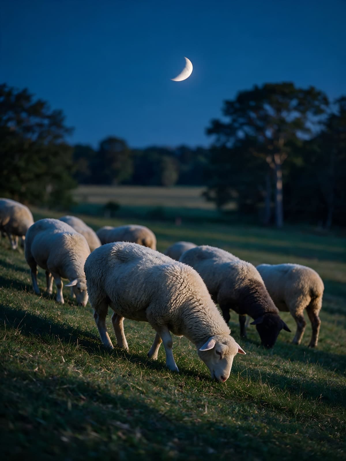 Grazende schapen onder een smalle maansikkel