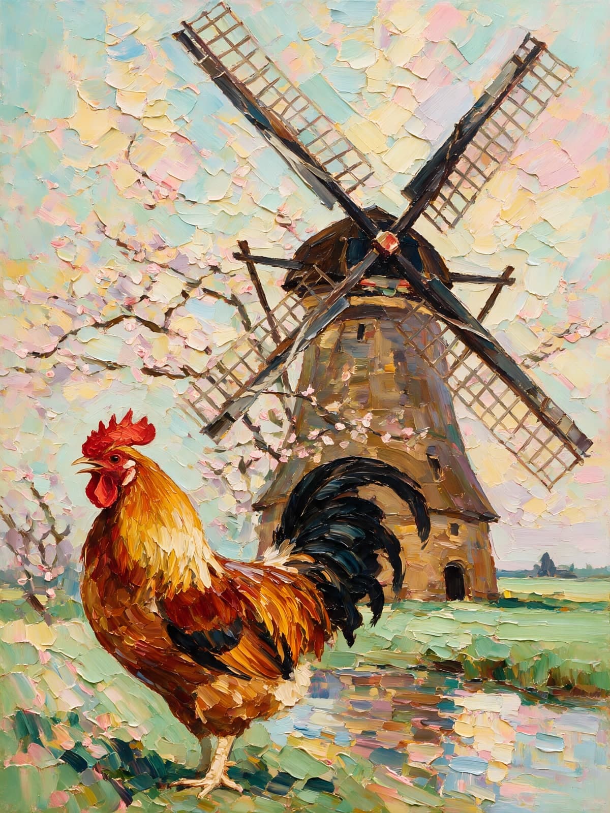Molen met haan tussen witte bloesem