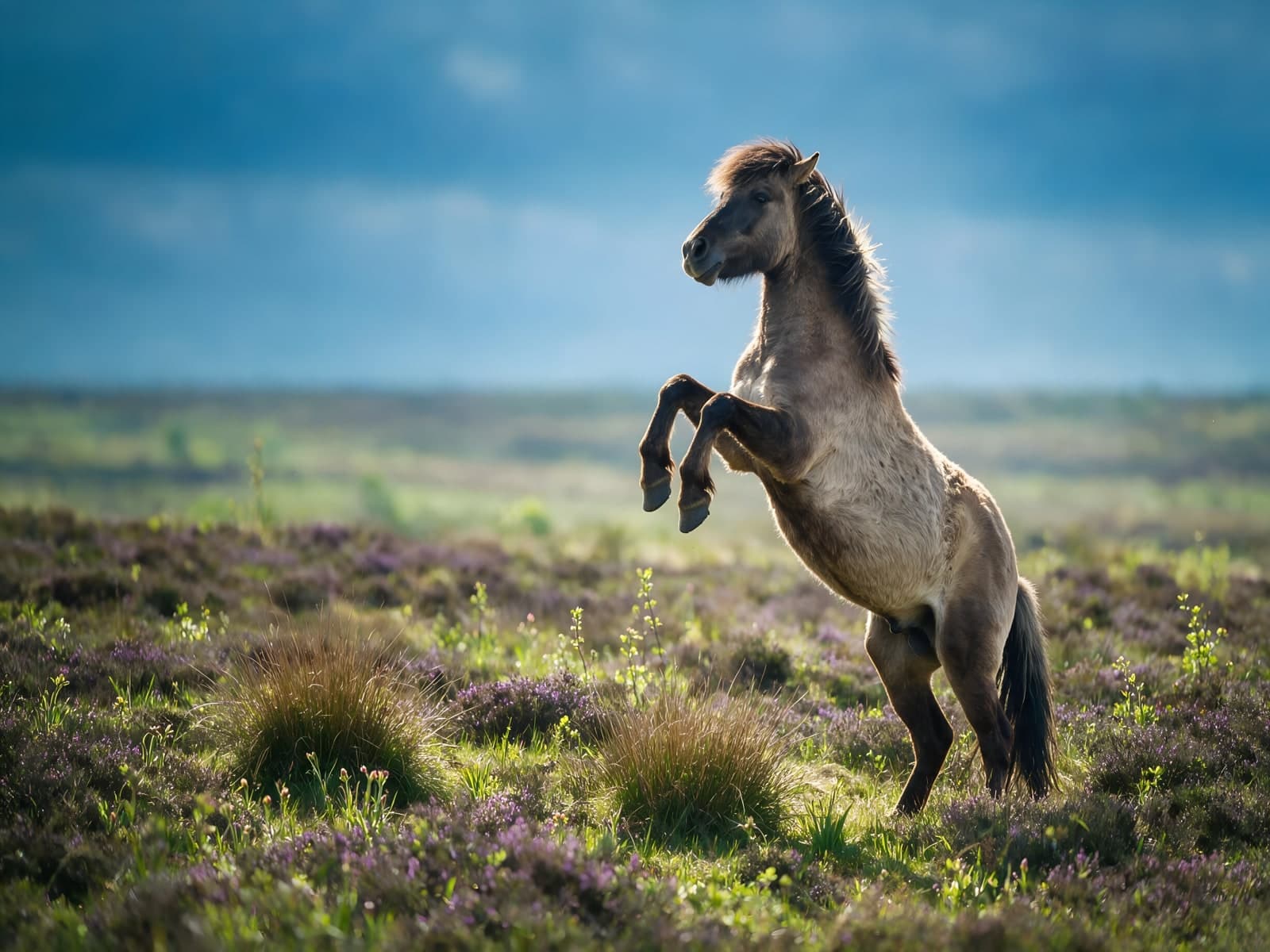 Steigerend paard op paarse heide