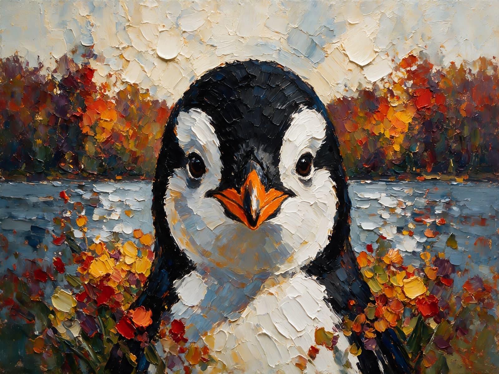 Jonge pinguïn tussen herfstkleuren aan het water
