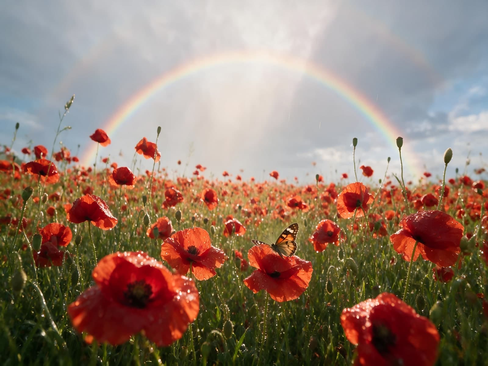 Klaprozen onder een brede regenboog