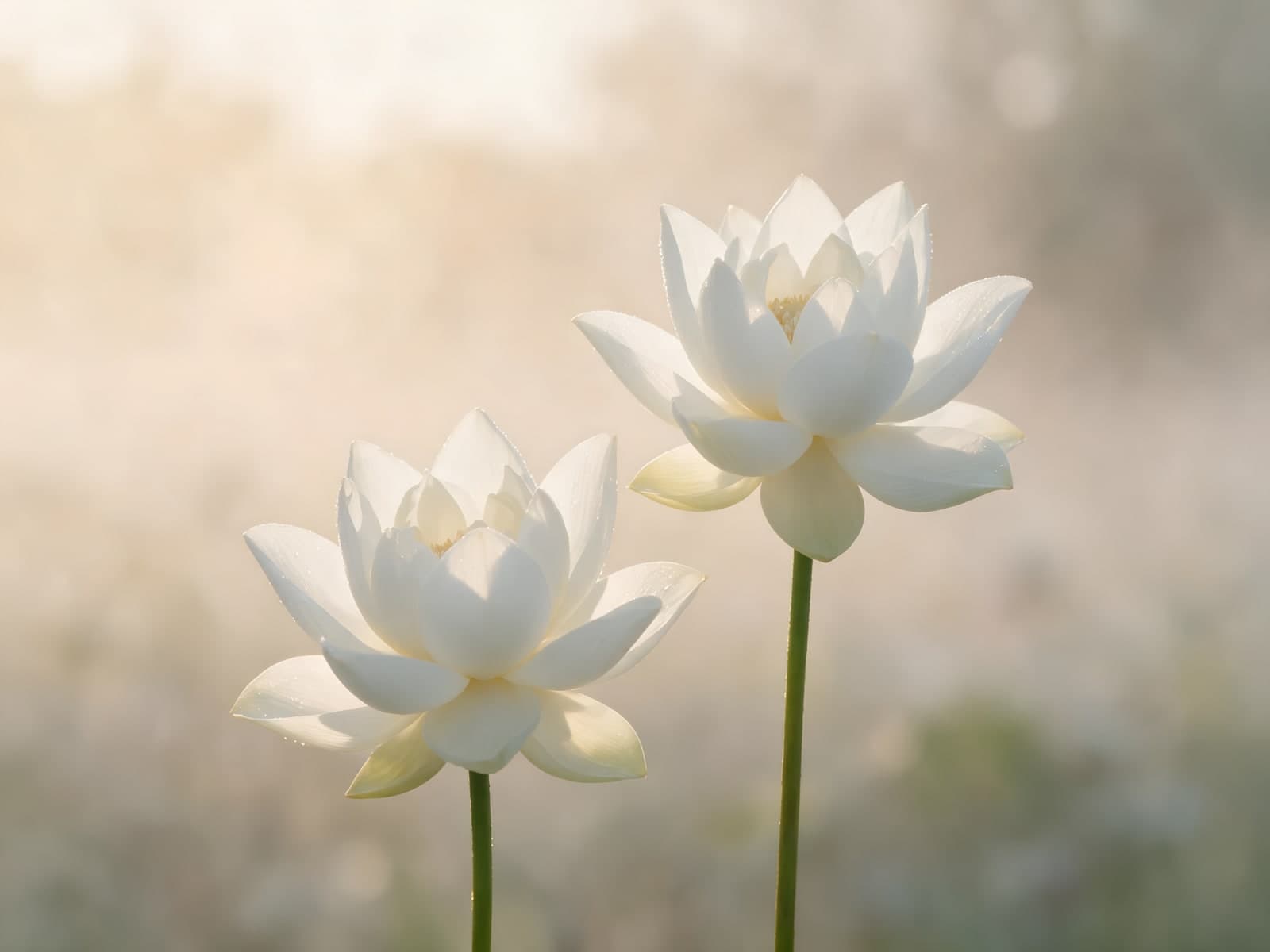 Twee witte lotusbloemen in lichte nevel