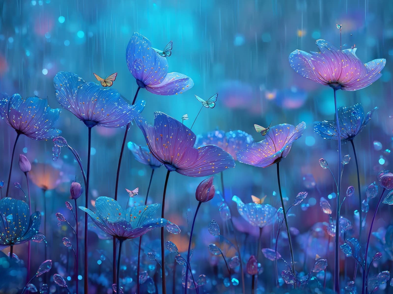 Paarse bloemen in blauwe regenlucht