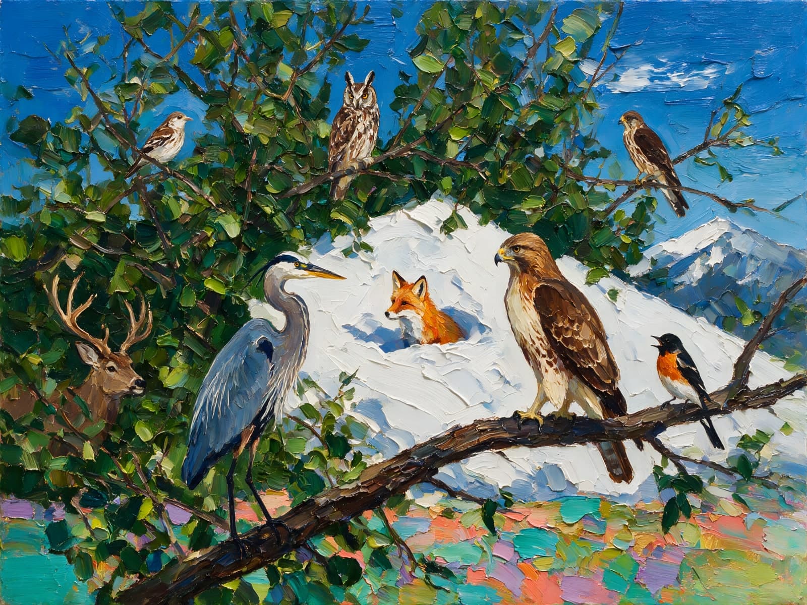Reiger, vos en roofvogels in groene boom