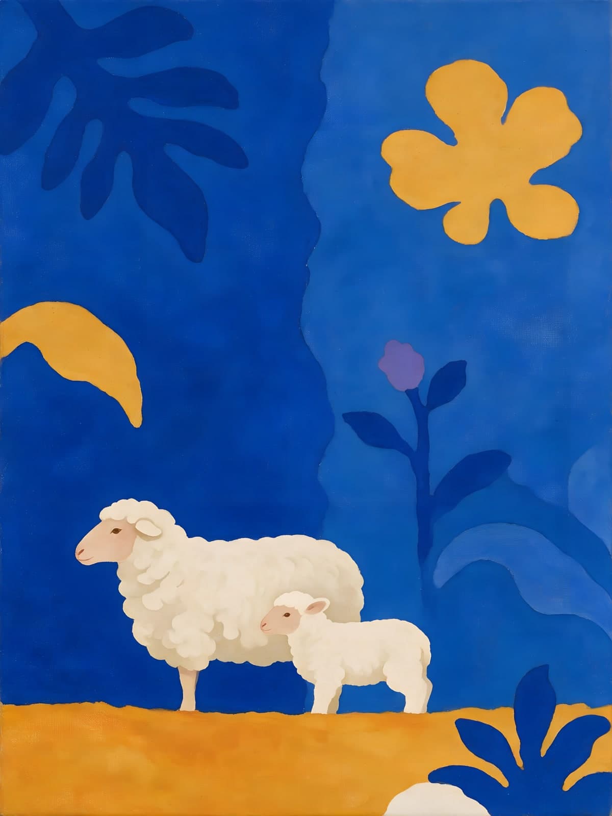 Schaap en lam voor diepblauwe vormen
