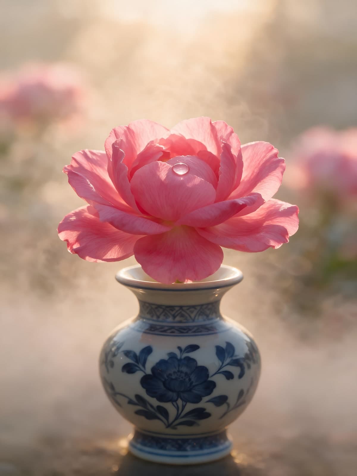 Roze pioenroos in een blauwwit vaasje