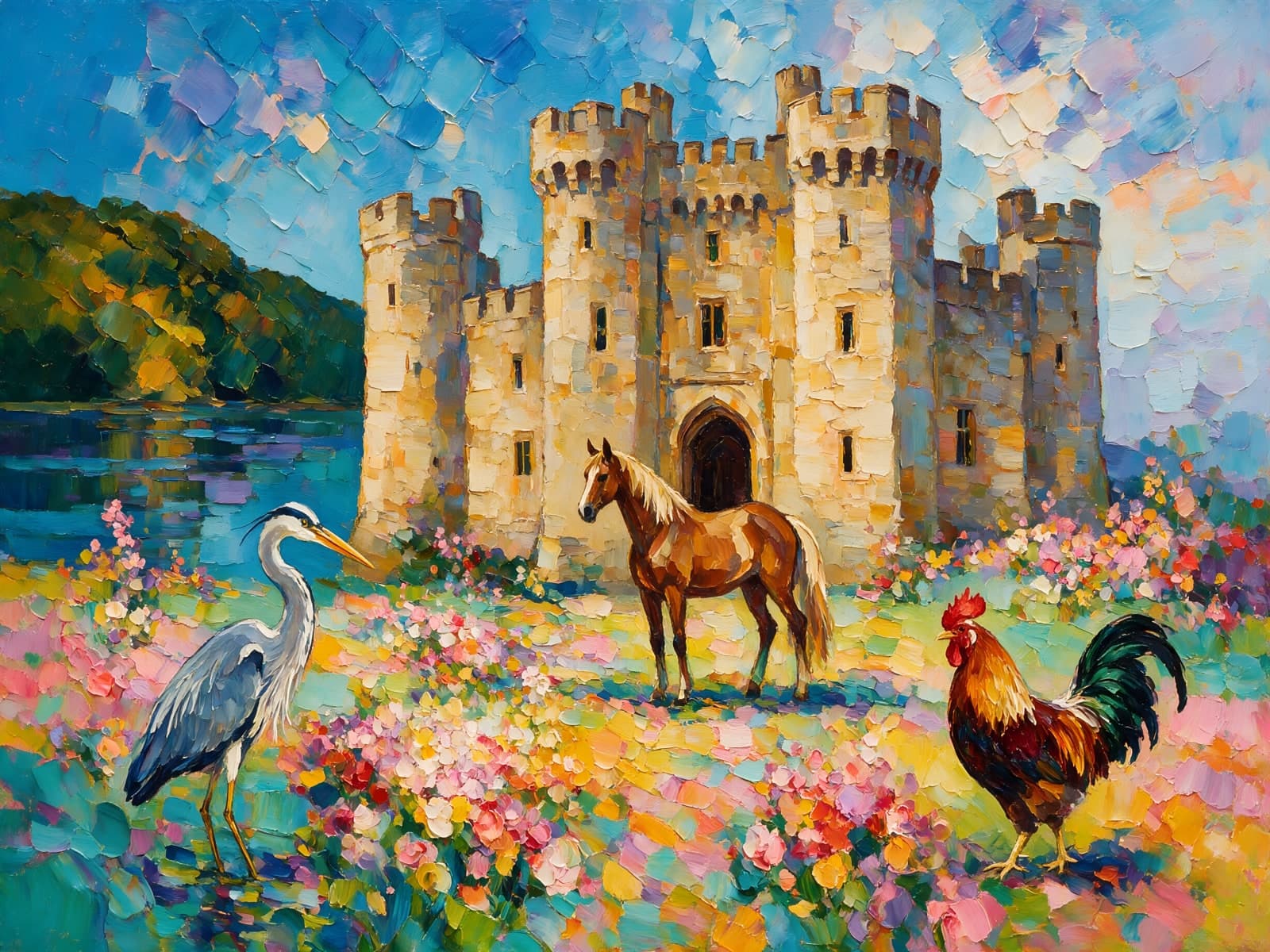 Kasteel met reiger, paard en haan