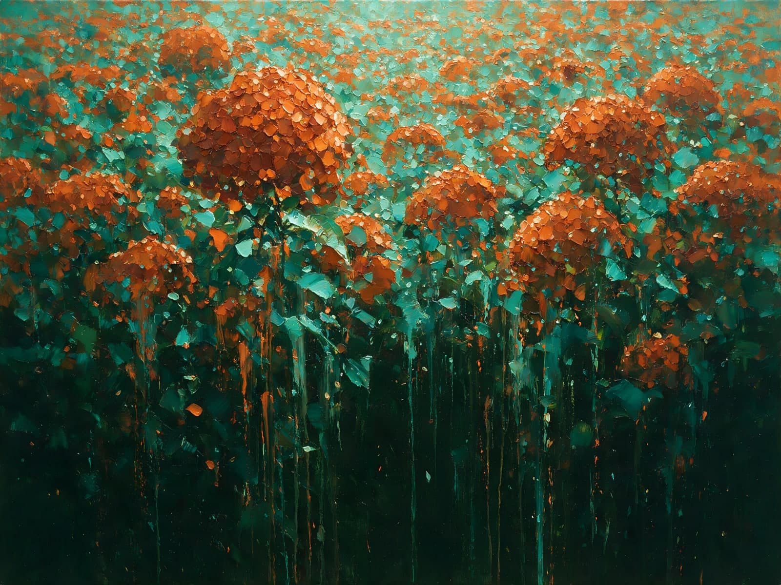 Veld vol oranje bloemen tussen turquoise bladeren