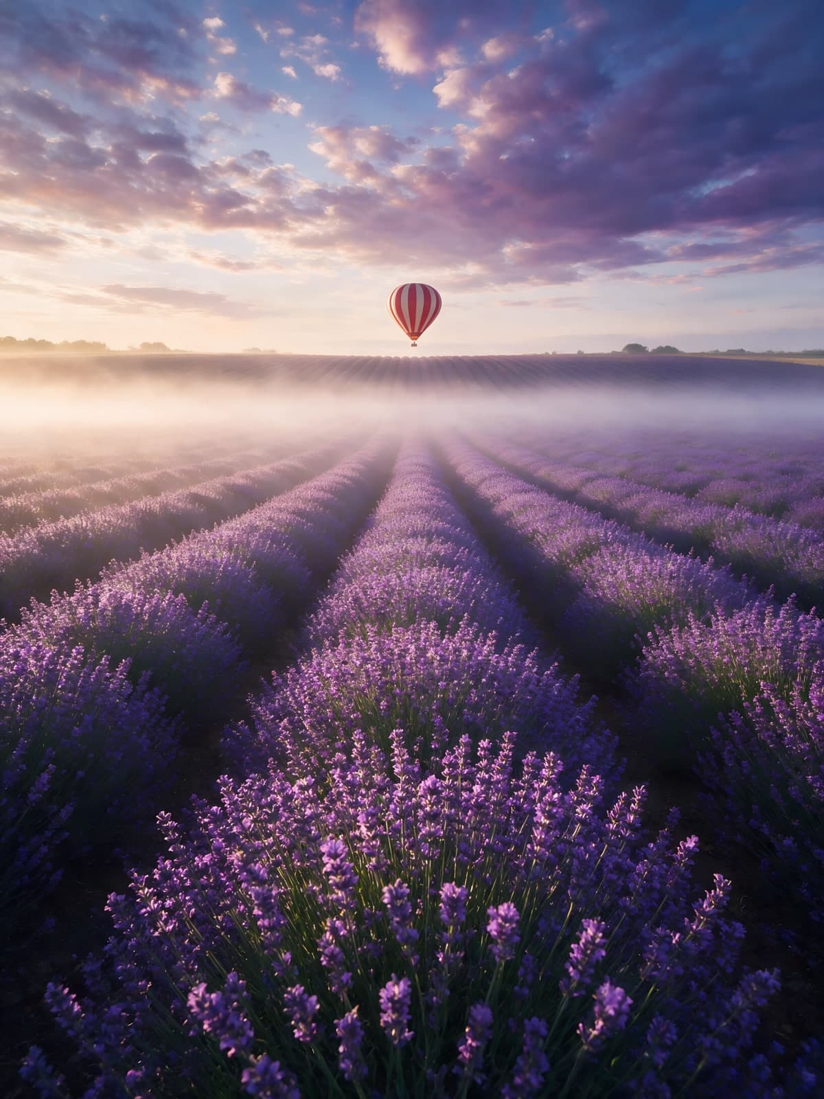 Lavendelrijen met een luchtballon bij zonsopgang
