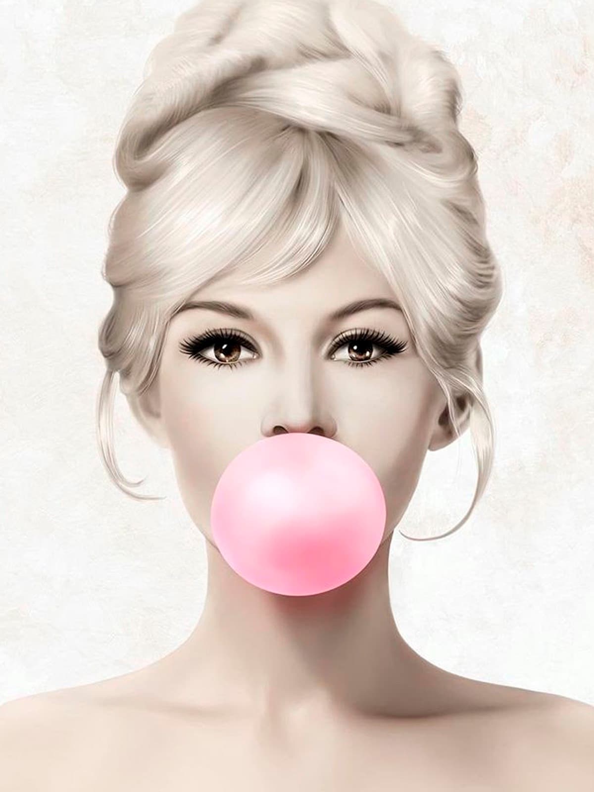 Opgestoken blonde haren en roze kauwgombel