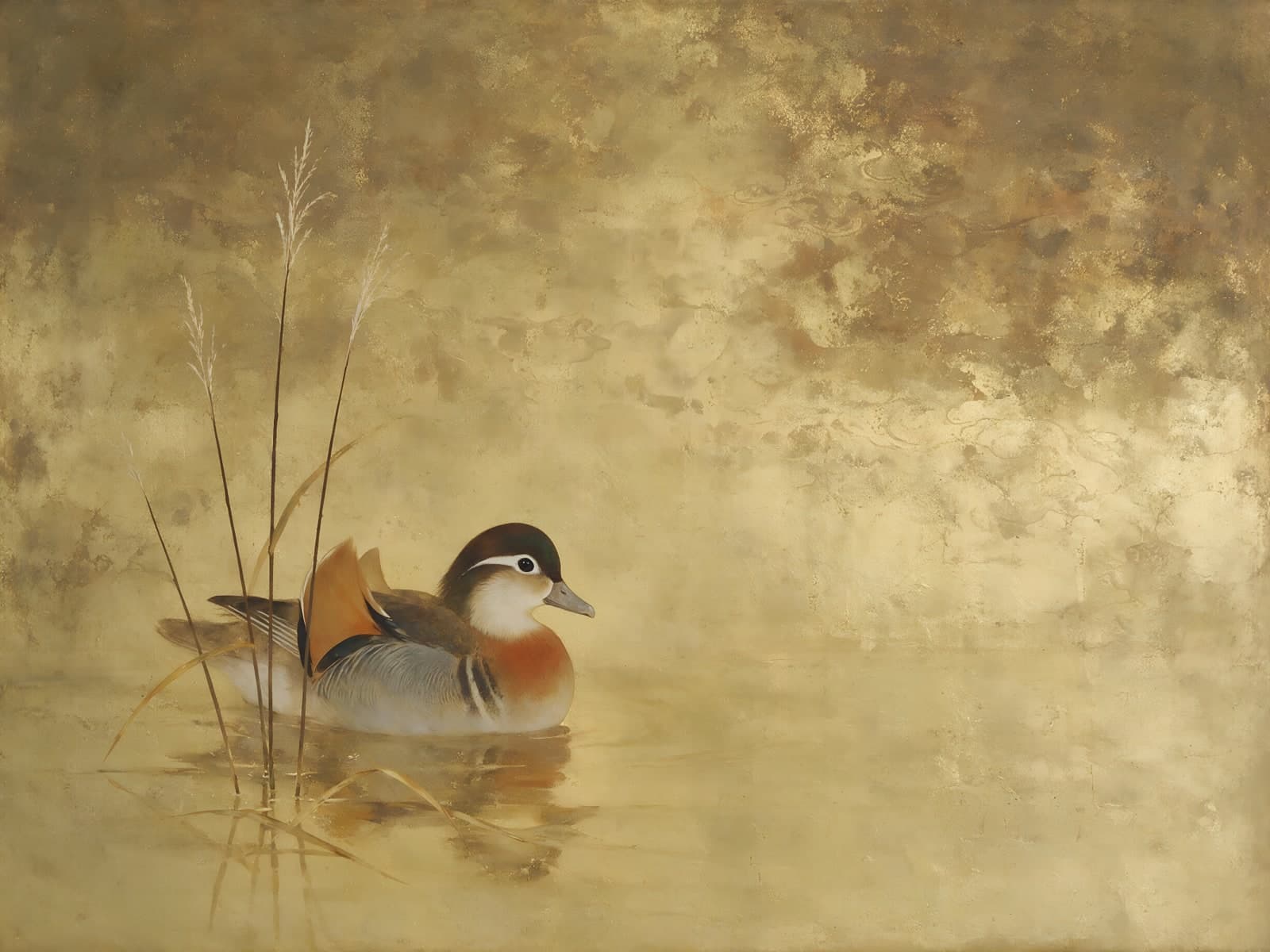 Mandarijneend tussen riet op gouden water