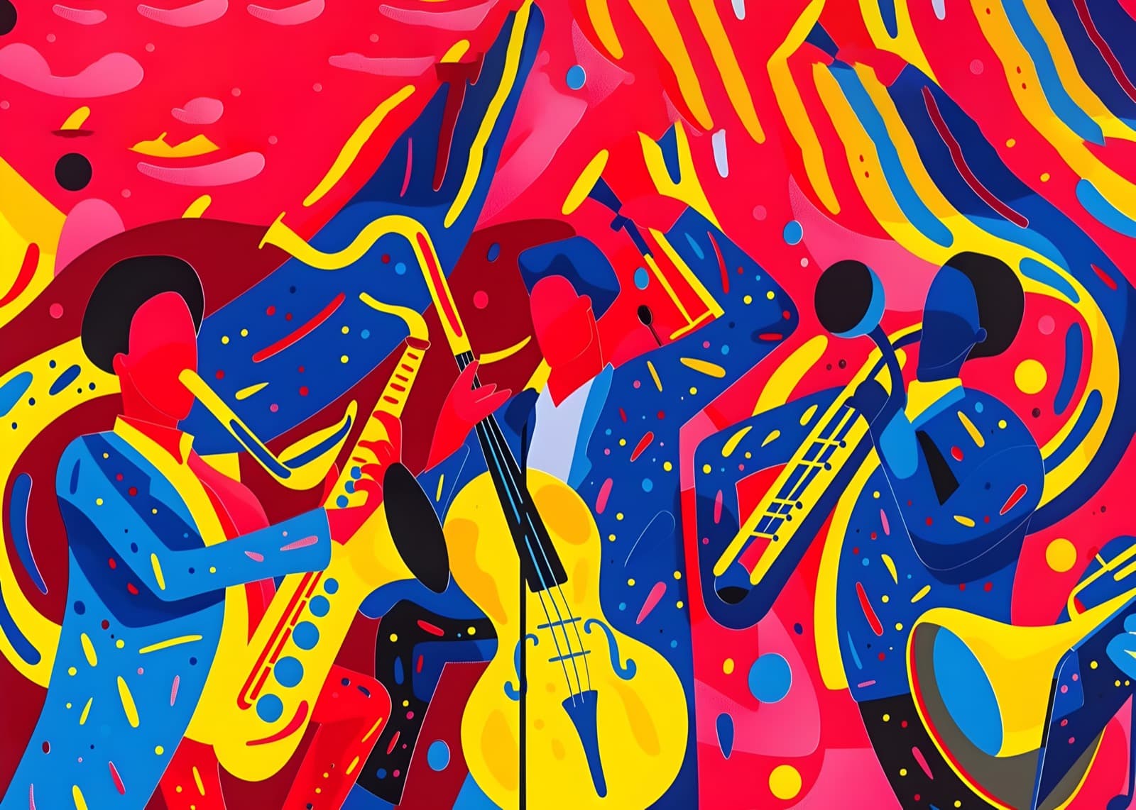 Muzikanten met saxofoon en contrabas in rood