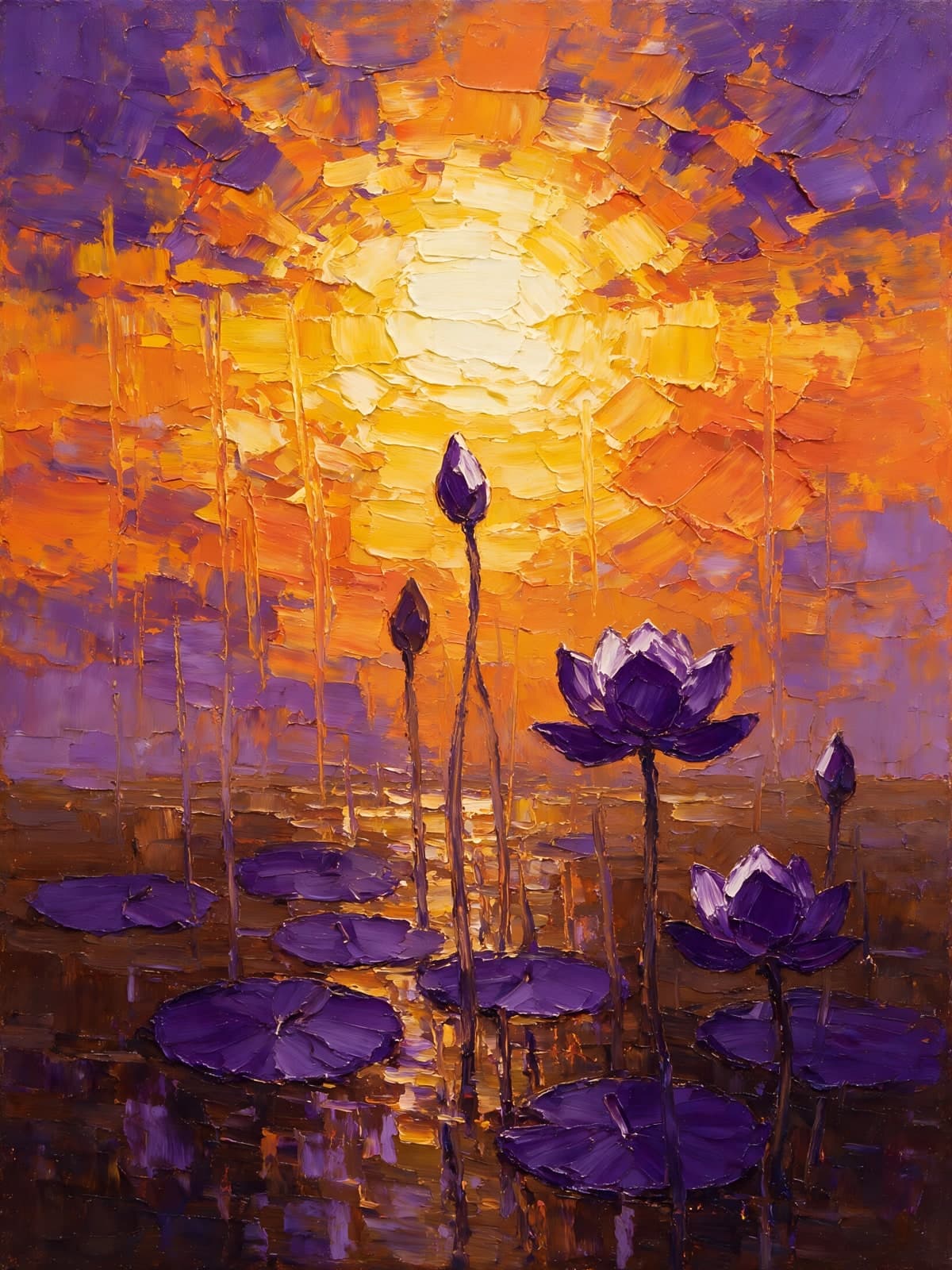 Paarse lotusbloemen bij een oranje zon