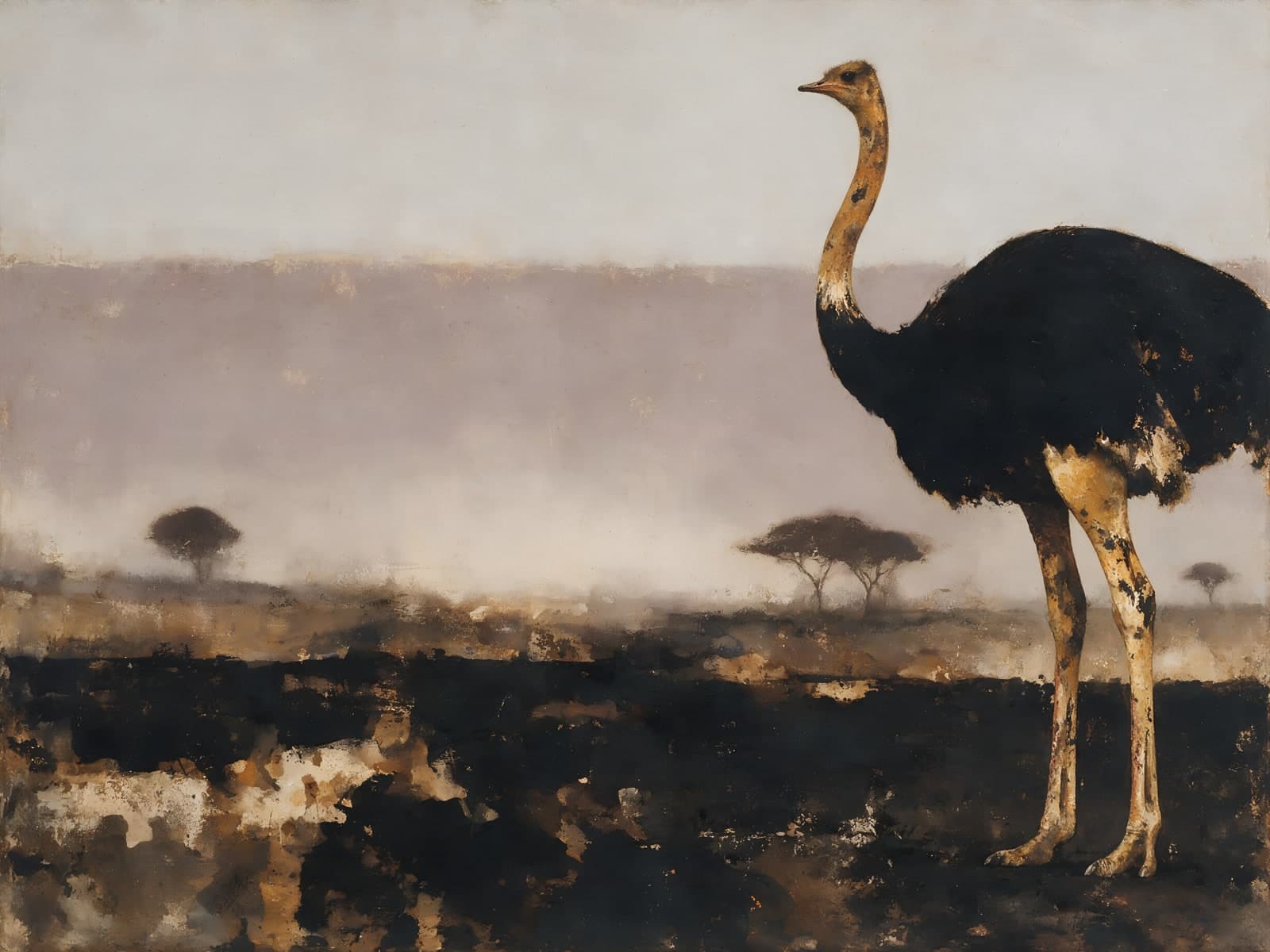 Struisvogel op een zwarte vlakte onder mist