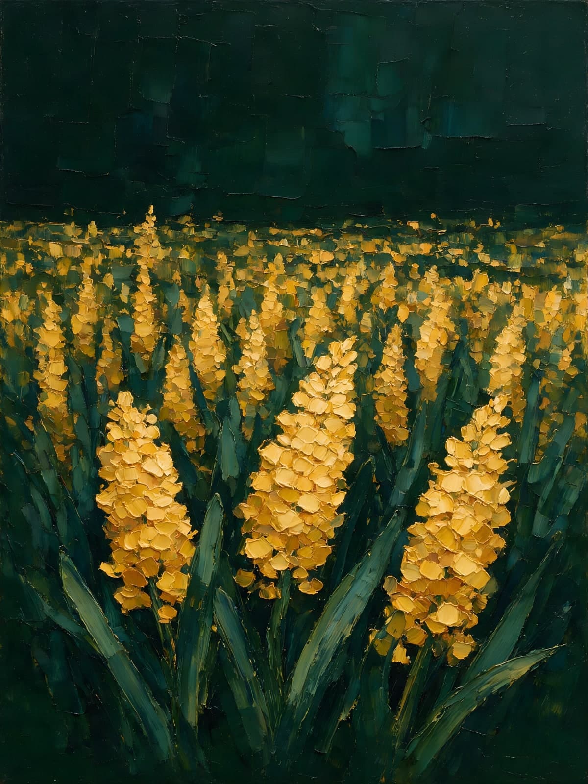 Gele bloemaren in donkergroen veld