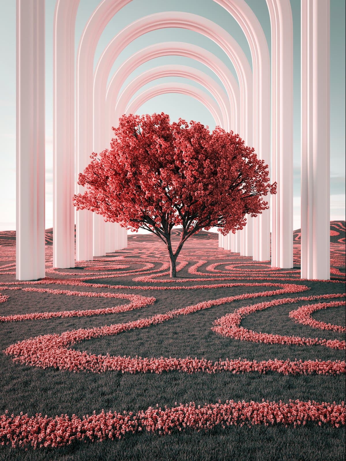 Rode boom tussen roze bogen en spiralen