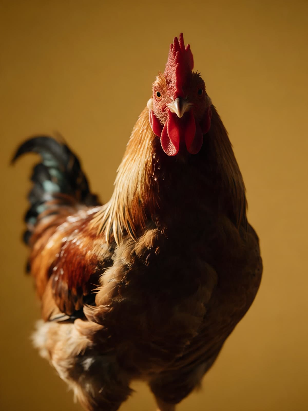 Haan met rode kam op goudgele achtergrond