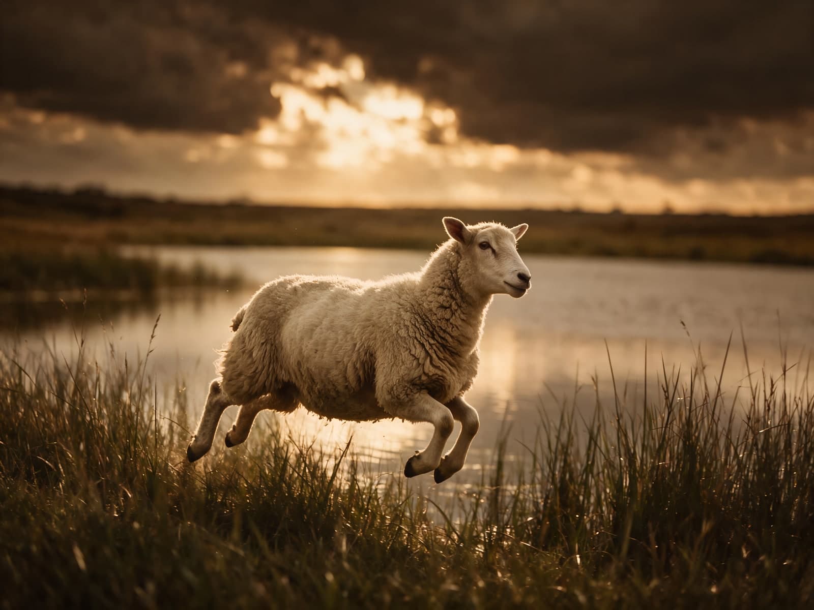 Springend schaap langs het water bij avondlicht