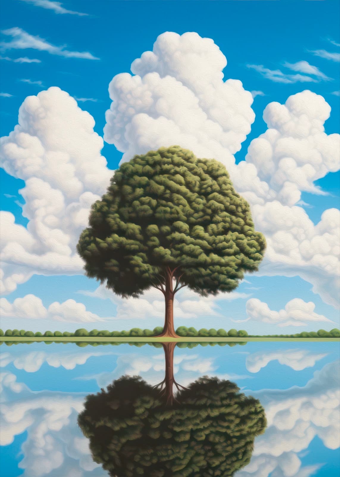 Rond boomkruin voor wolken en spiegelend water