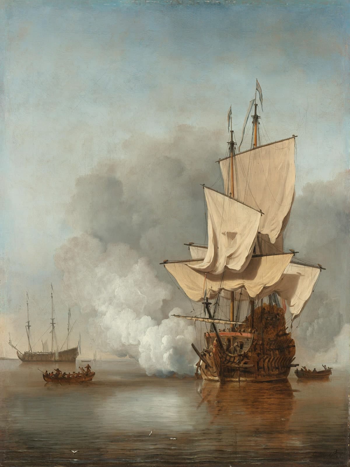 Het kanonschot met een driemaster met gebolde zeilen