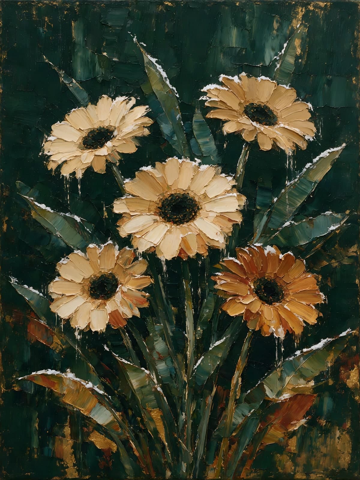 Crèmekleurige gerbera's op donkergroen blad