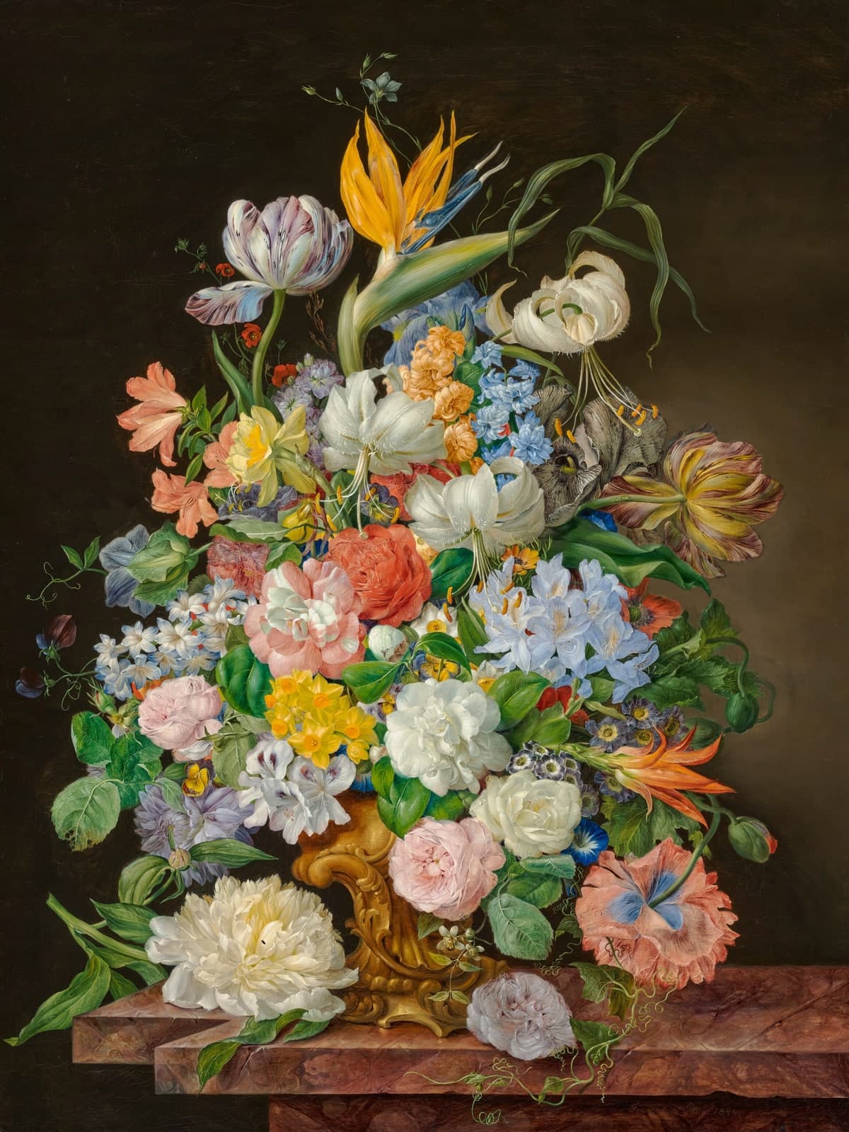 Stilleven met strelitzia en andere bloemen