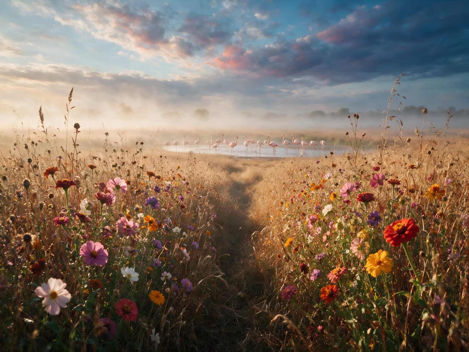 Wilde bloemen in mistige ochtend