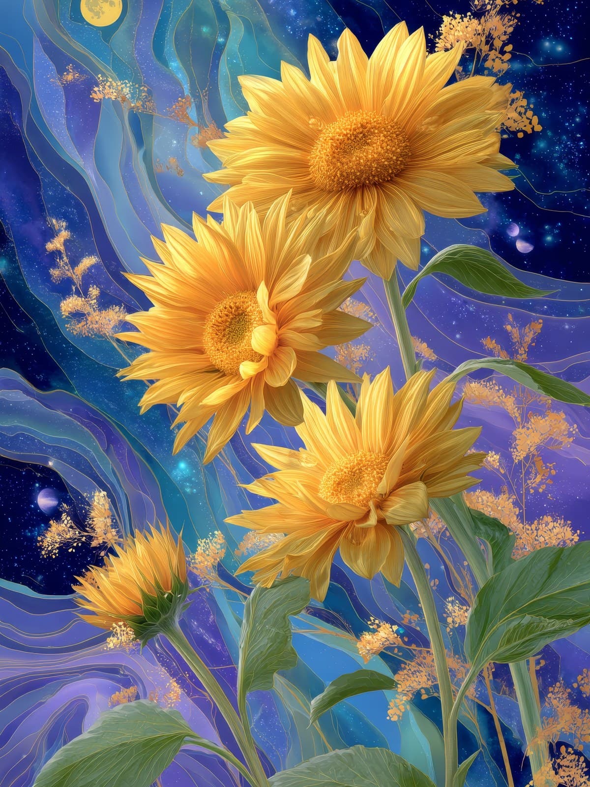 Gele zonnebloemen op golvend blauw en paars