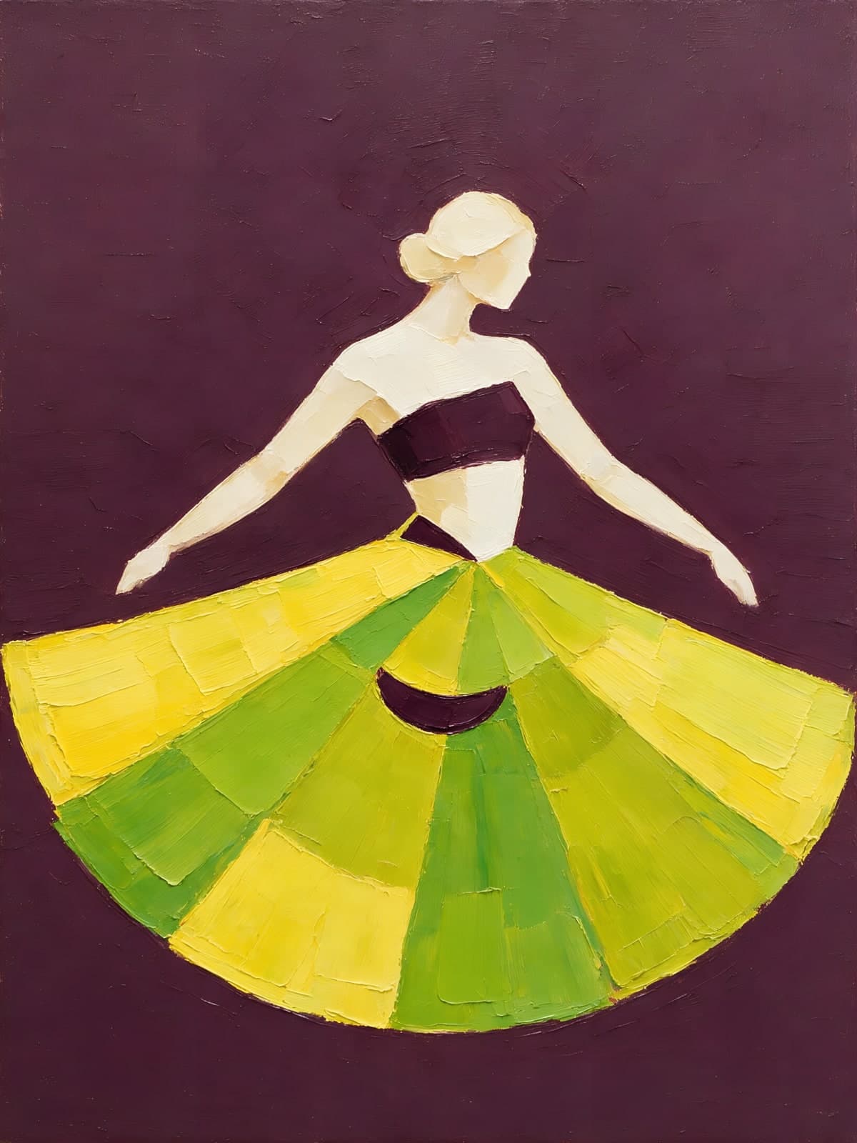 Danseres met groengele rok op paarse achtergrond