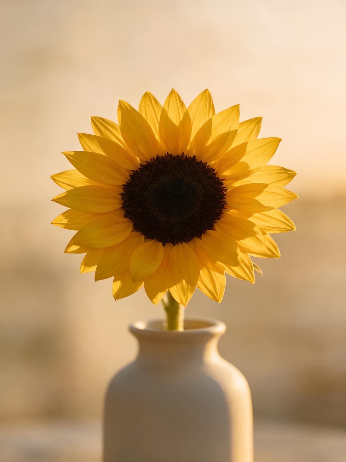 Zonnebloem in crèmekleurige vaas