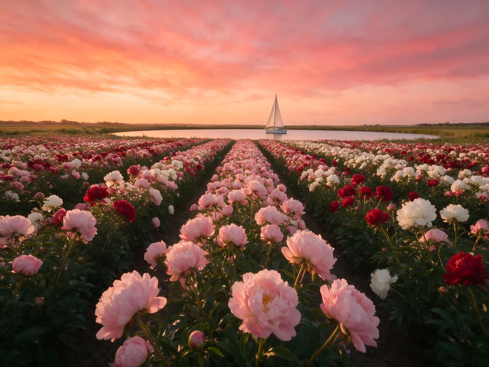 Pioenenvelden met zeilboot bij roze zonsondergang