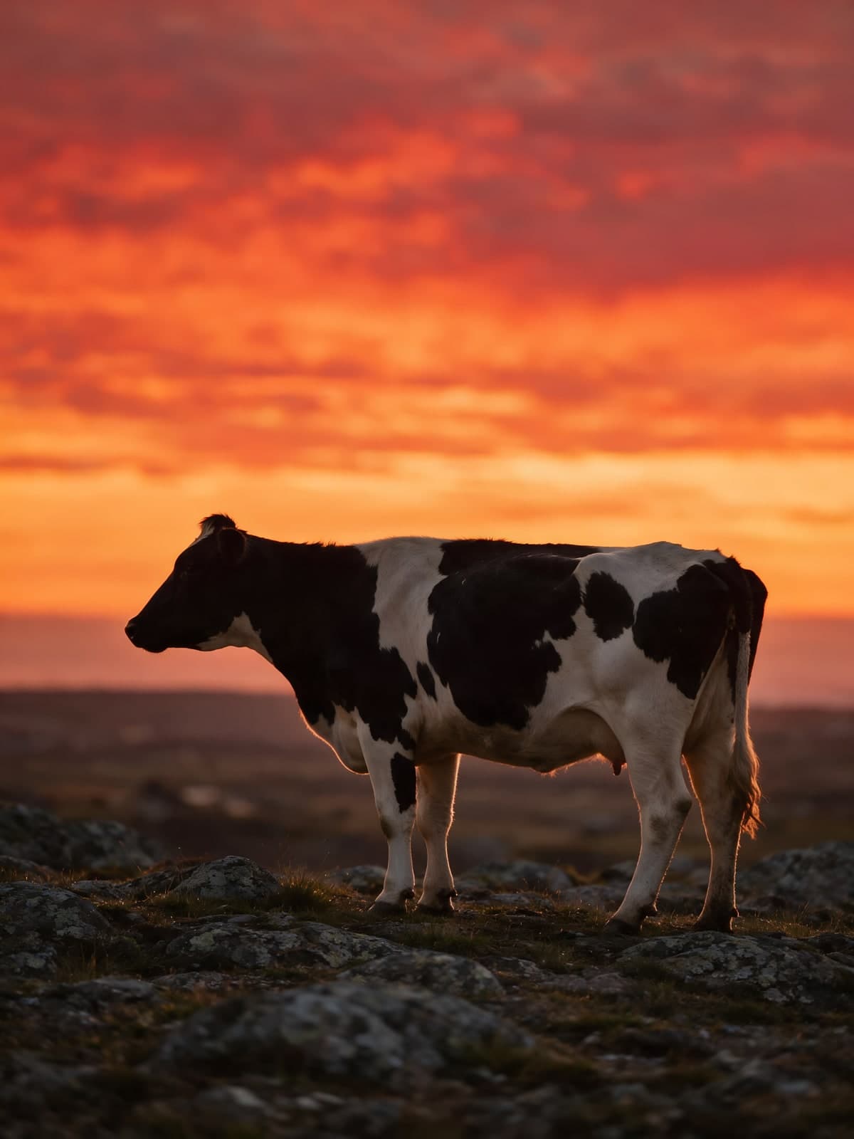 Zwartbonte koe voor een vurige avondlucht