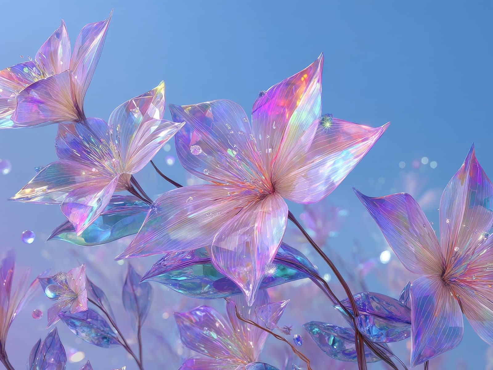 Regenboogglanzende bloemen tegen een blauwe lucht
