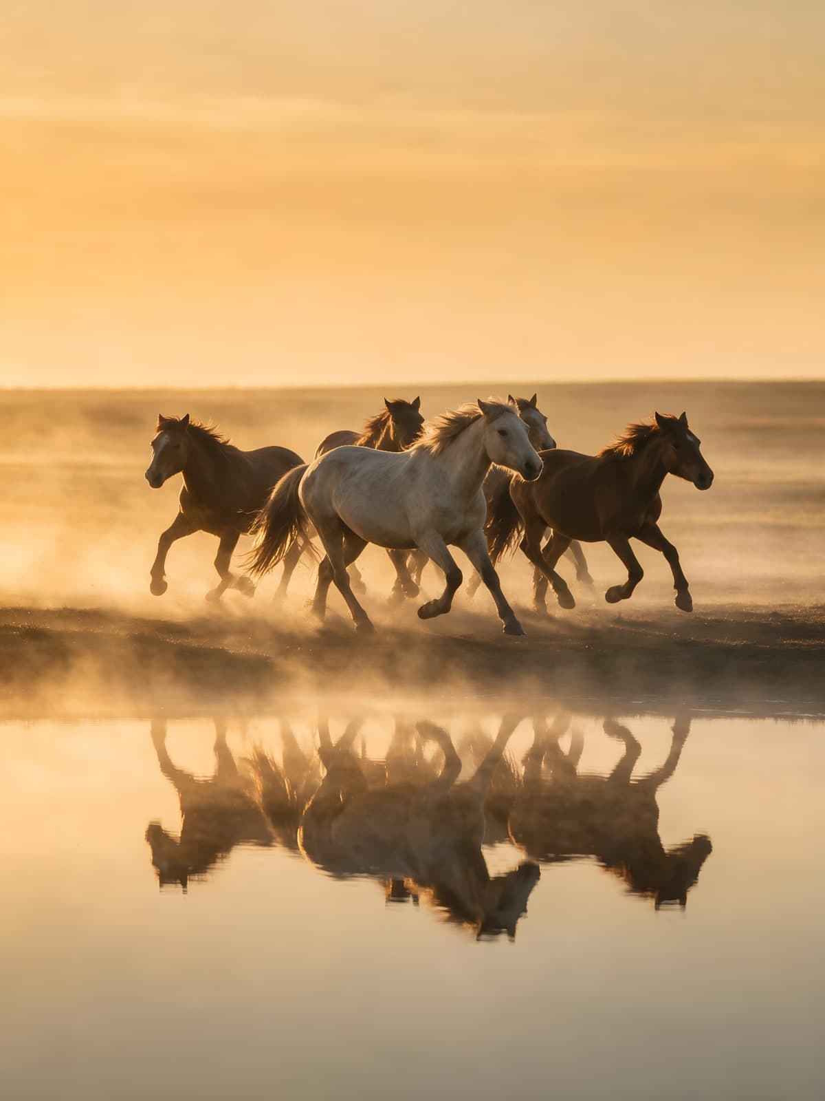 Galopperende paarden spiegelen in gouden water
