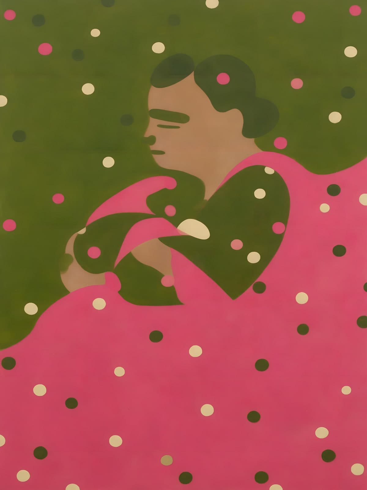 Figuur in roze jurk op groene stippenachtergrond