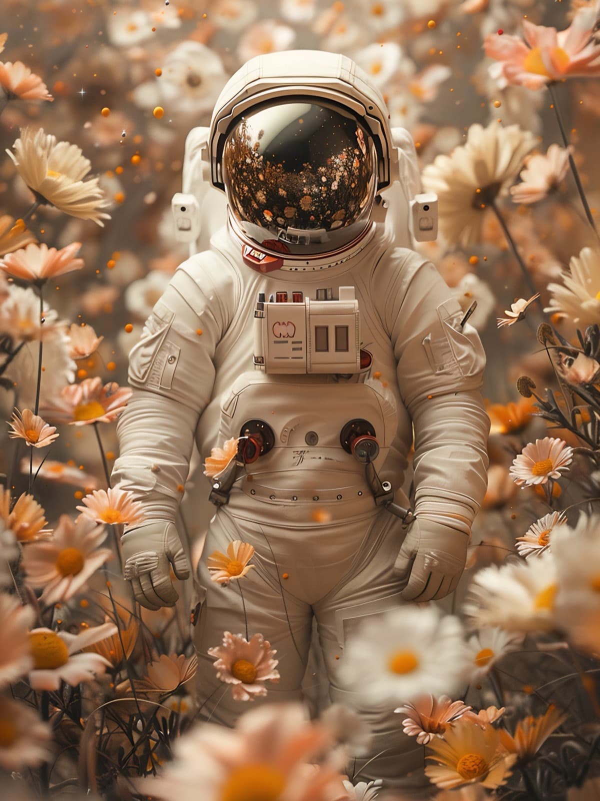 Astronaut tussen margrieten en madeliefjes