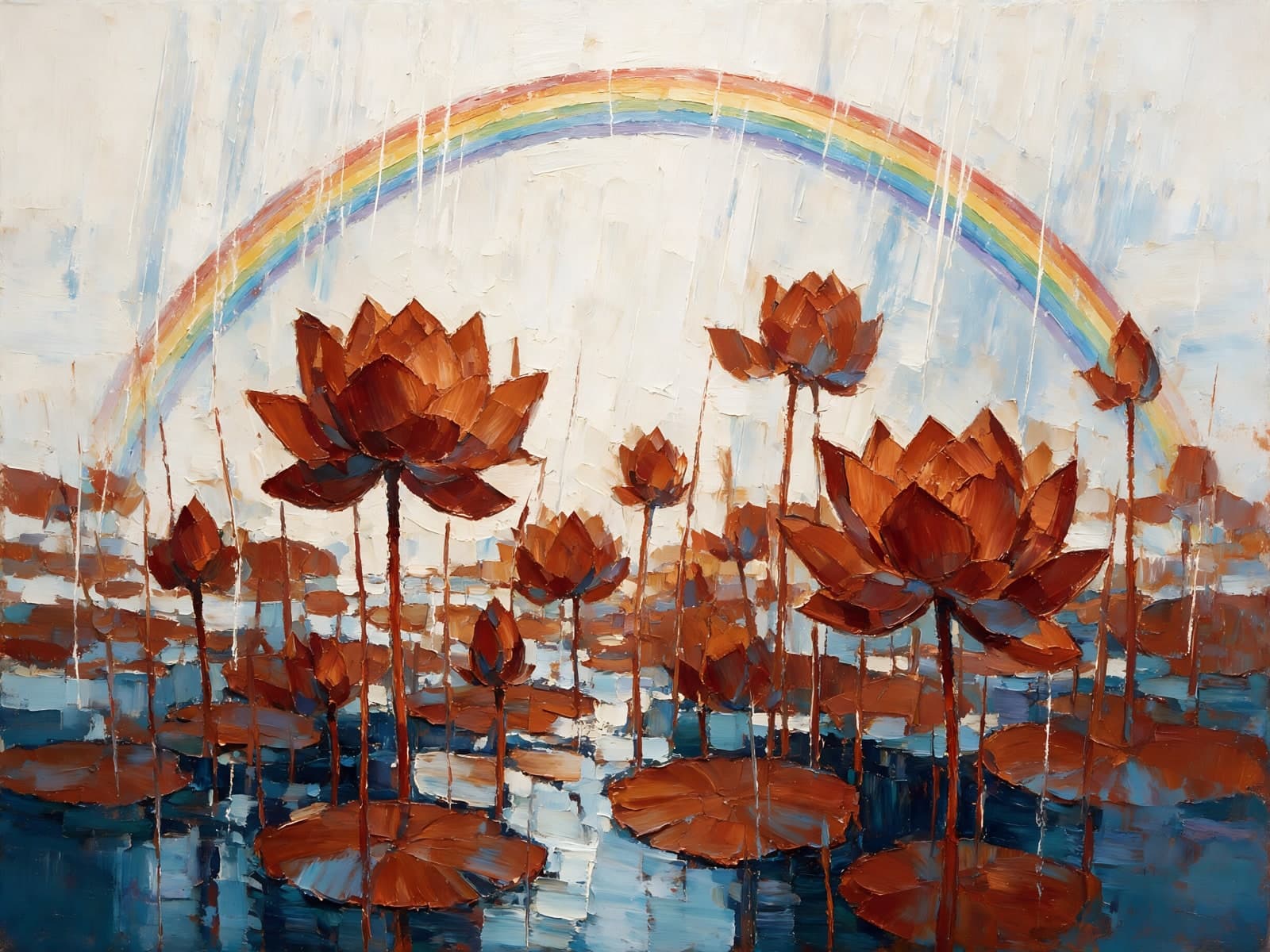 Rode lotusbloemen onder een regenboog