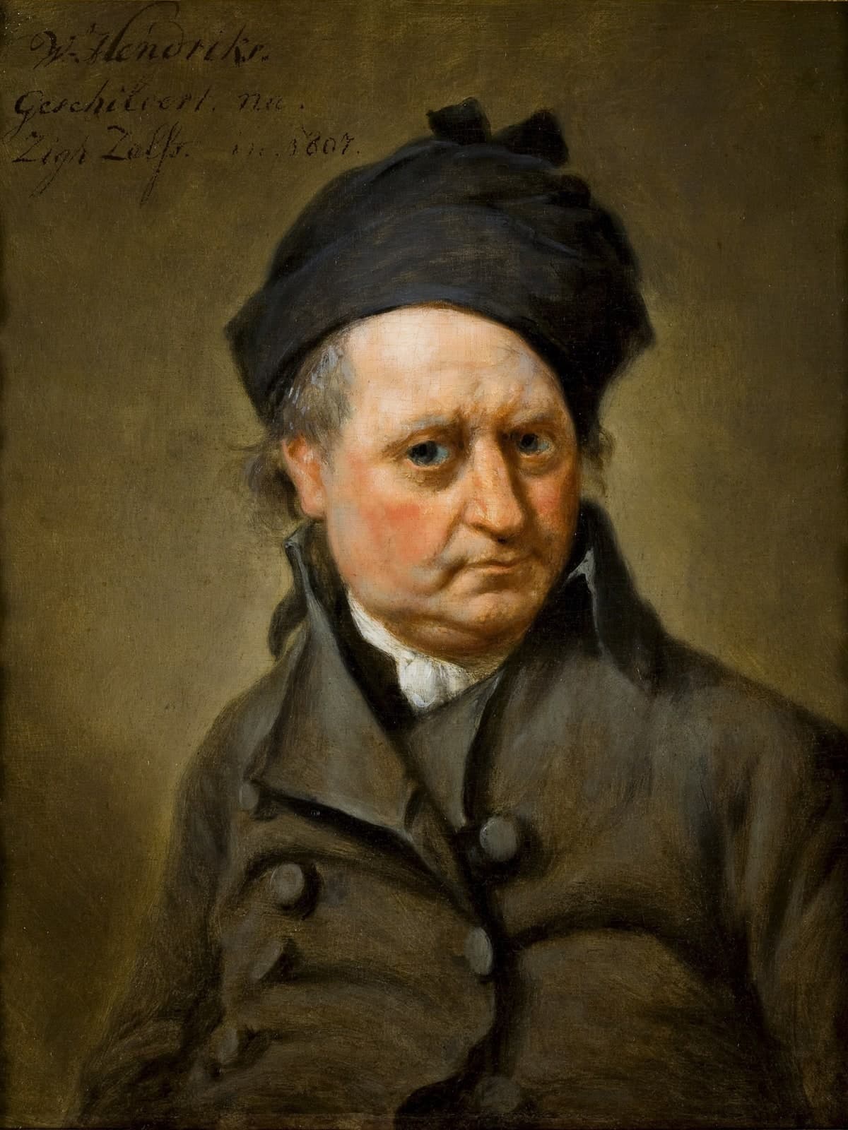 Zelfportret met zwarte muts en grijsgroene jas