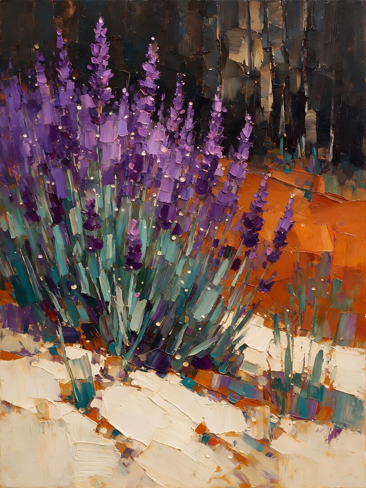 Paarse lavendel bij oranje akker