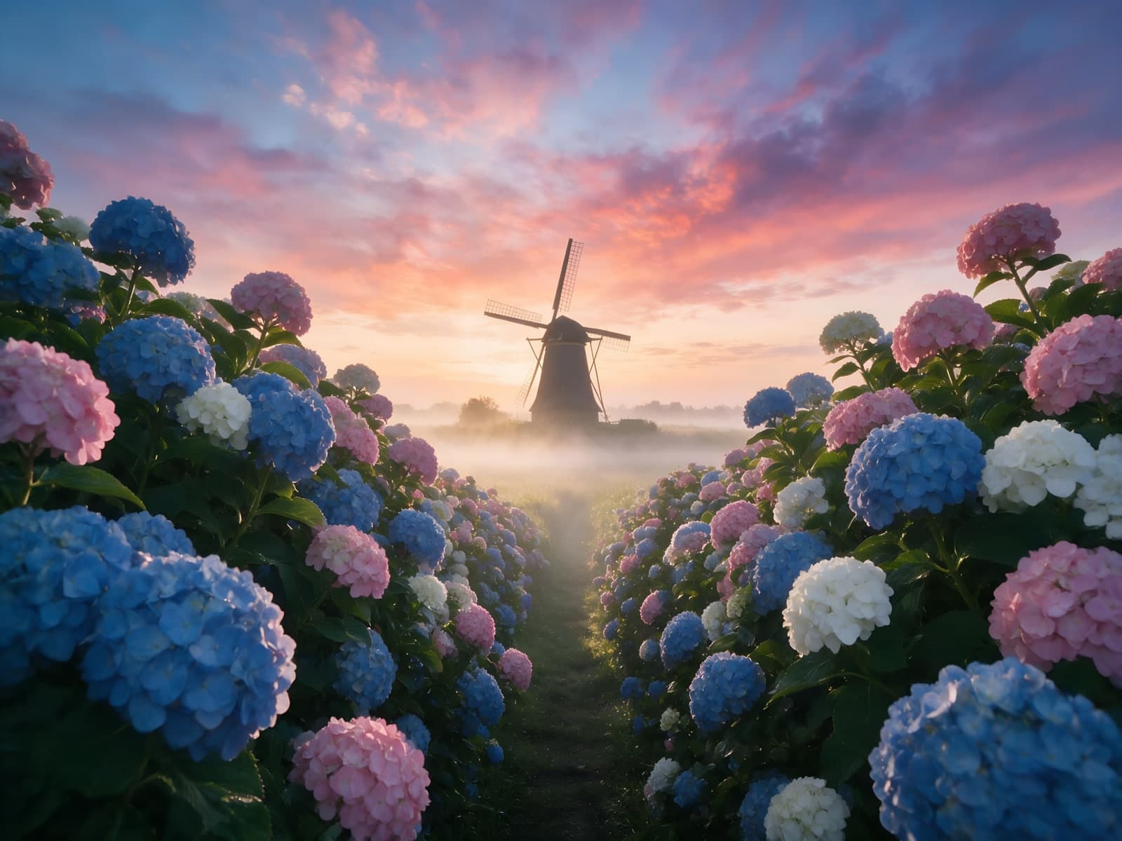 Hortensiapad naar een molen in de ochtendmist