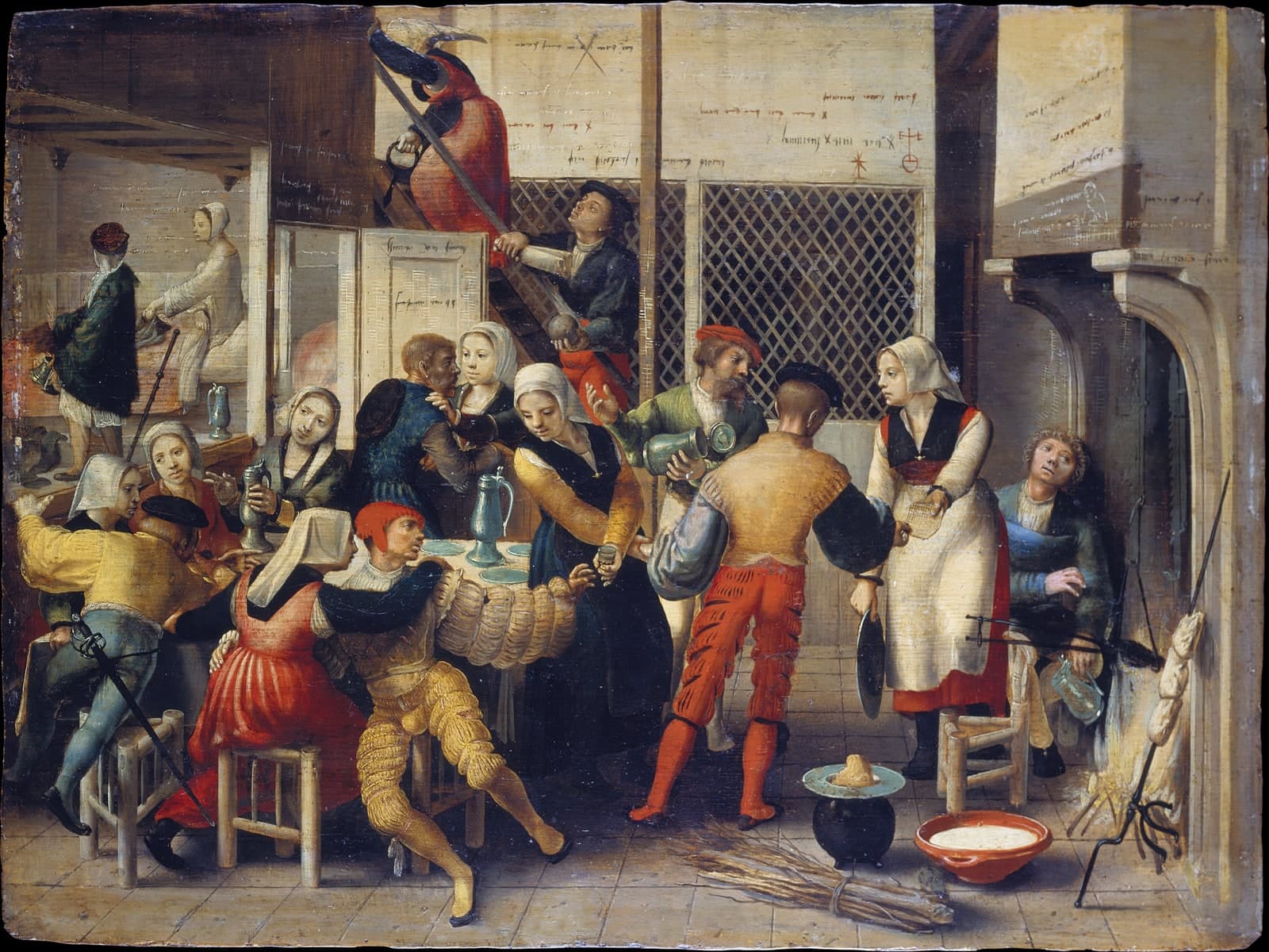 Bordeelscène in een grote herberg met trap