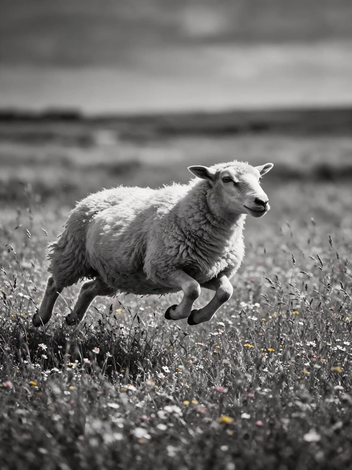 Springend schaap in grijstinten tussen bloemen