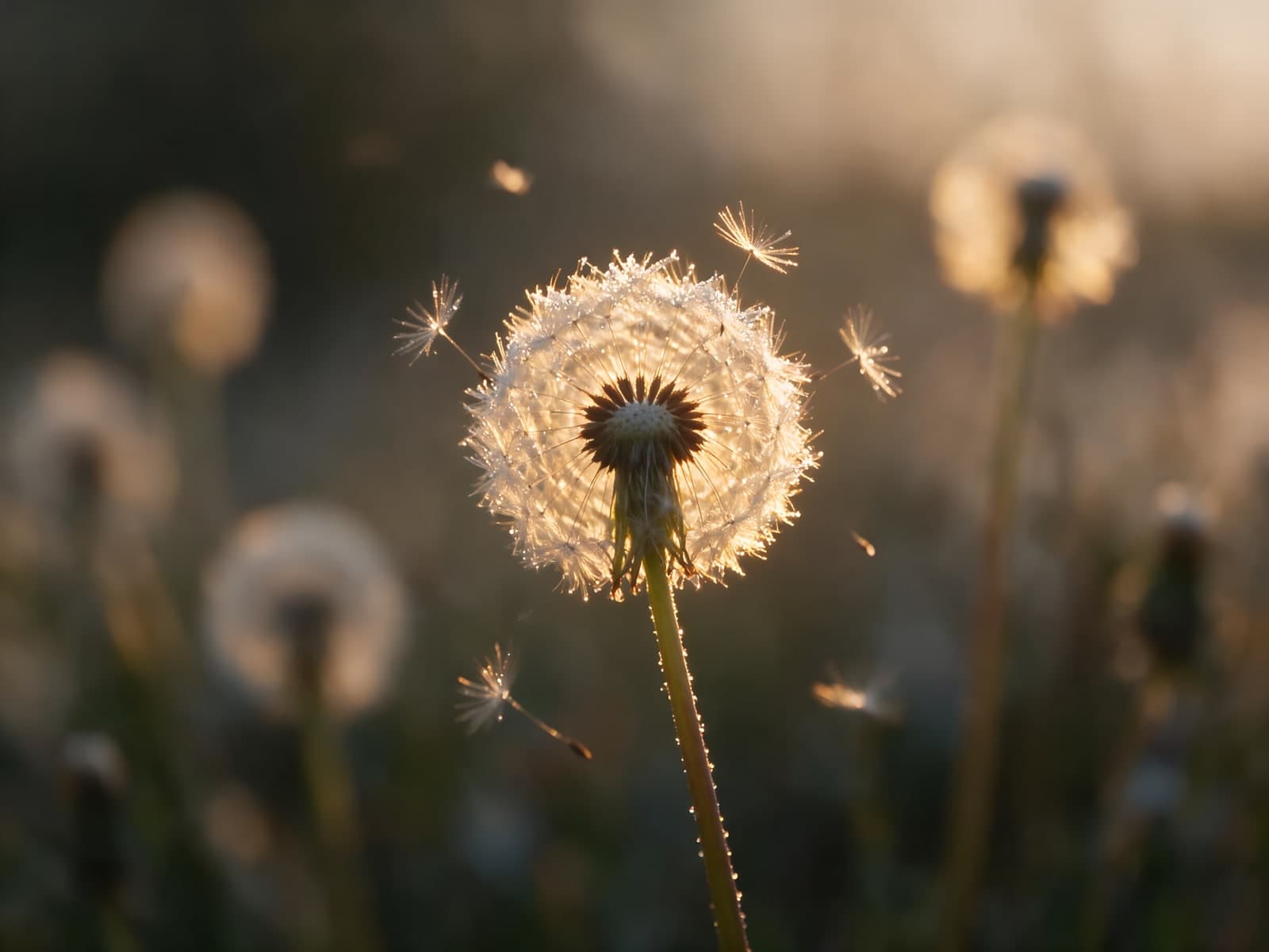 Paardenbloem met pluisjes in tegenlicht